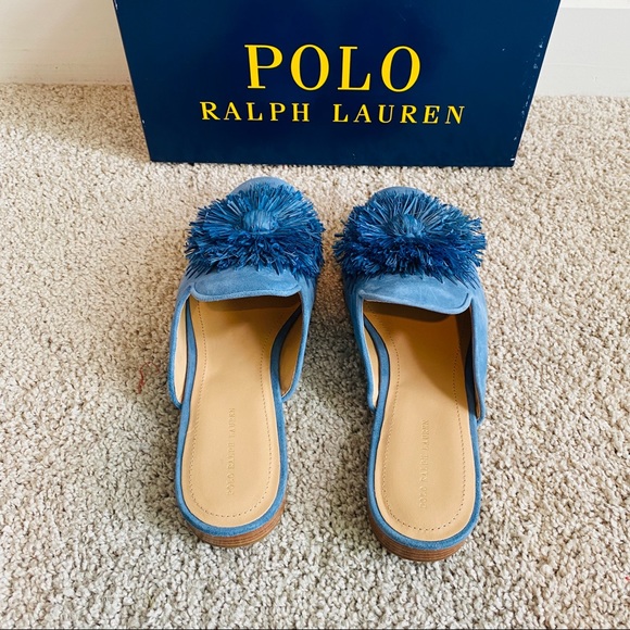 Beautiful Blue Suede Comfortable Round Toe Mules w Blue Raffia Accent Size 8.5 - Picture 8 of 10